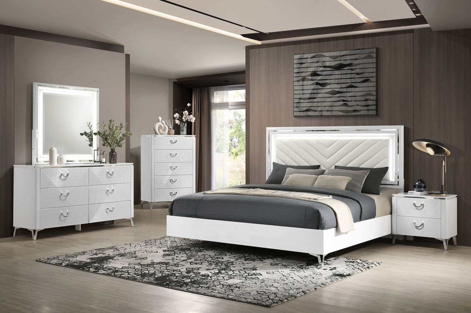 Cassia white high-gloss bedroom set with LED headboard